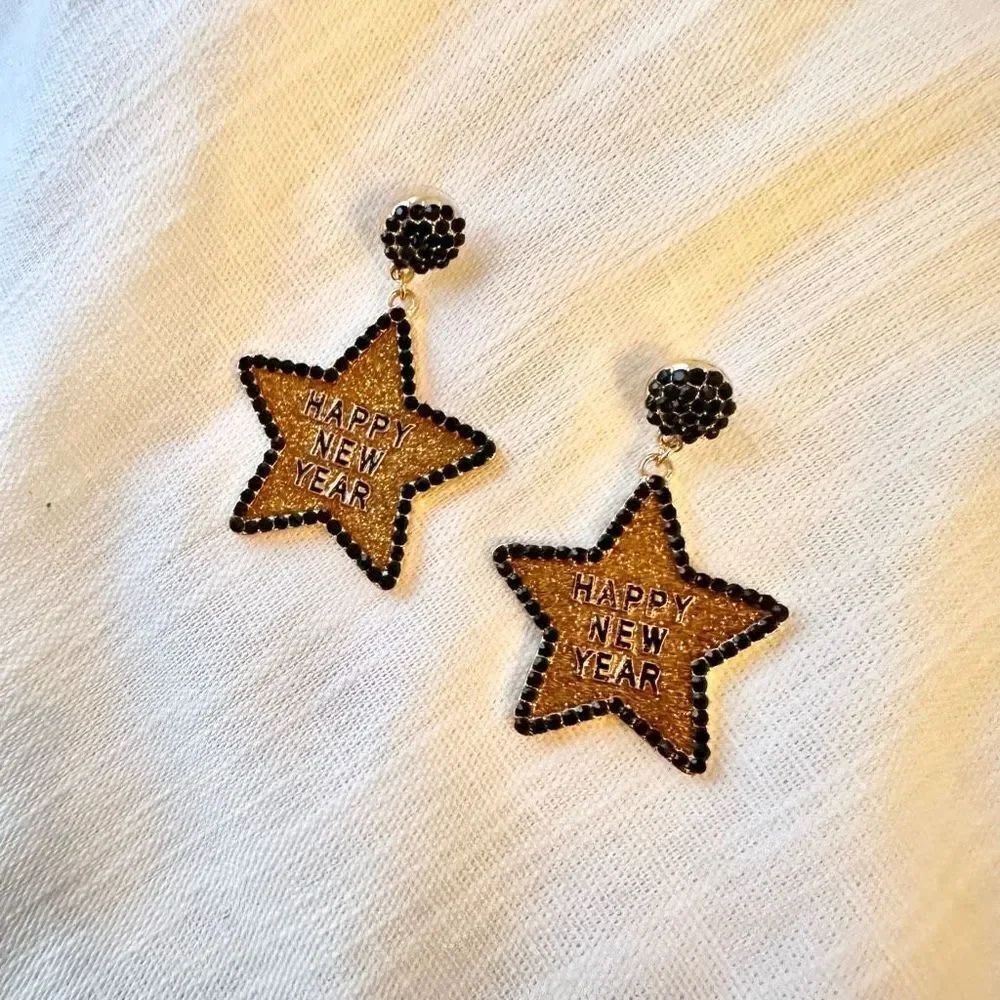 Happy New Year gold and black star earrings